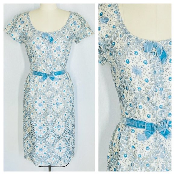 Vintage Dresses & Skirts - Vintage 50s 60s Blue Eyelet Wiggle Pencil Dress Size M Medium Floral VLV Pinup